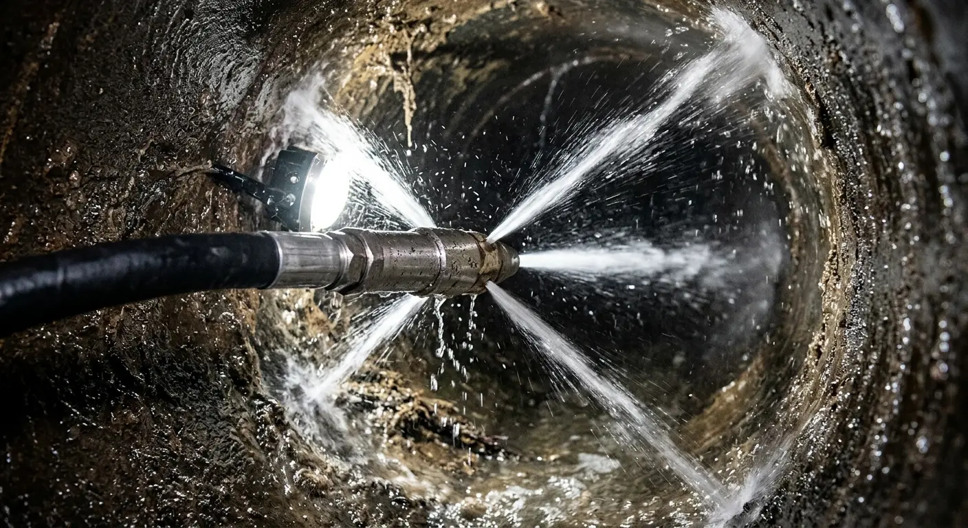 High-pressure hydro jetting nozzle cleaning sewer pipe for Trenchless Sewer Repair in Burbank