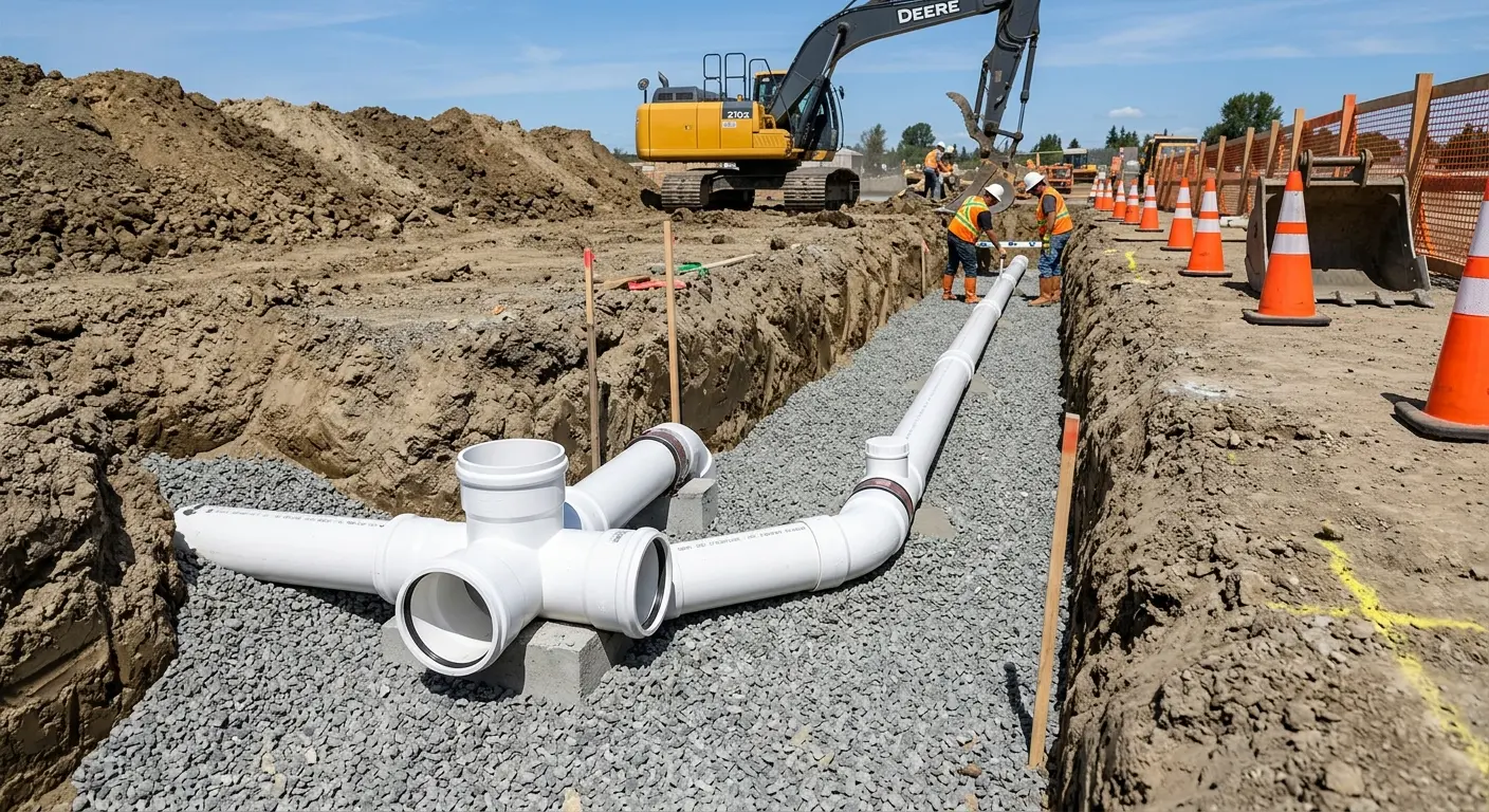 New PVC sewer pipe installation in open trench for Sewer Backup in Burbank