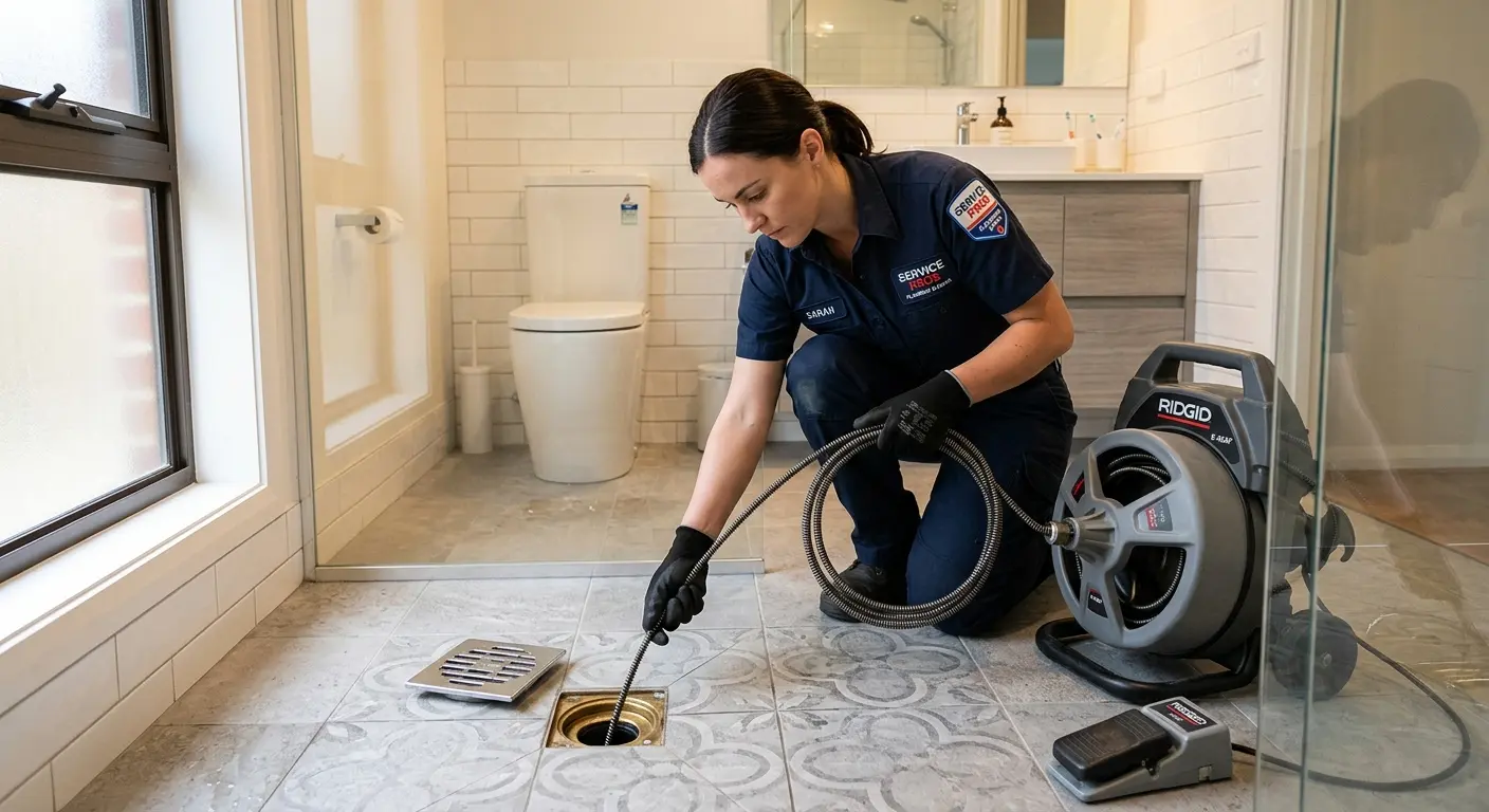 Technician clearing a bathroom floor drain for Sewer Line Replacement in Burbank